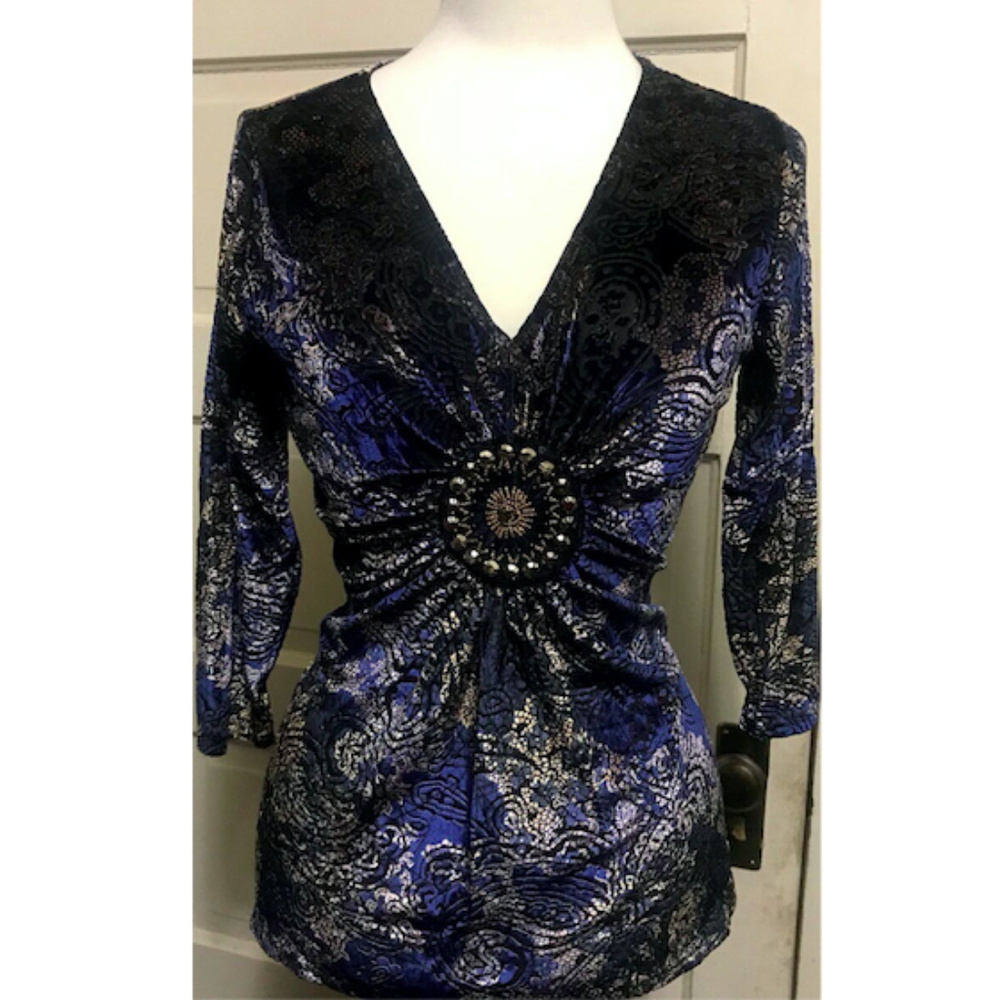 🛑TEMPORARY HOLD🛑 NWT Gorgeous Lux Velvet Burnout Brooch Top